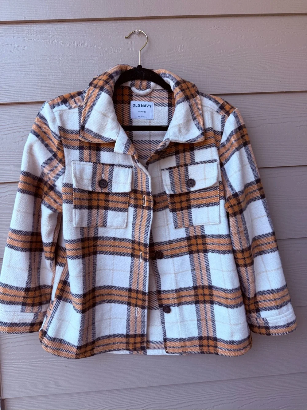 Old Navy Cream and Tan Plaid Girls' Jacket-XL